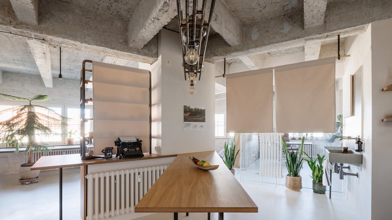 Open workspace with timber table, exposed concrete vaulted ceiling and roller blinds filtering daylight