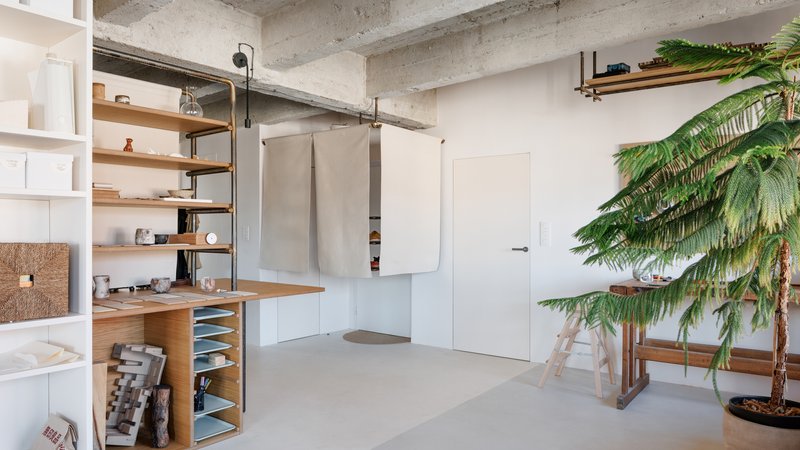 Movable fabric panels suspended from ceiling tracks beside a tall potted palm tree