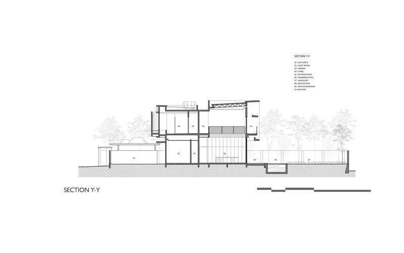 Section drawing showing split-level volumes with pool and surrounding landscape vegetation
