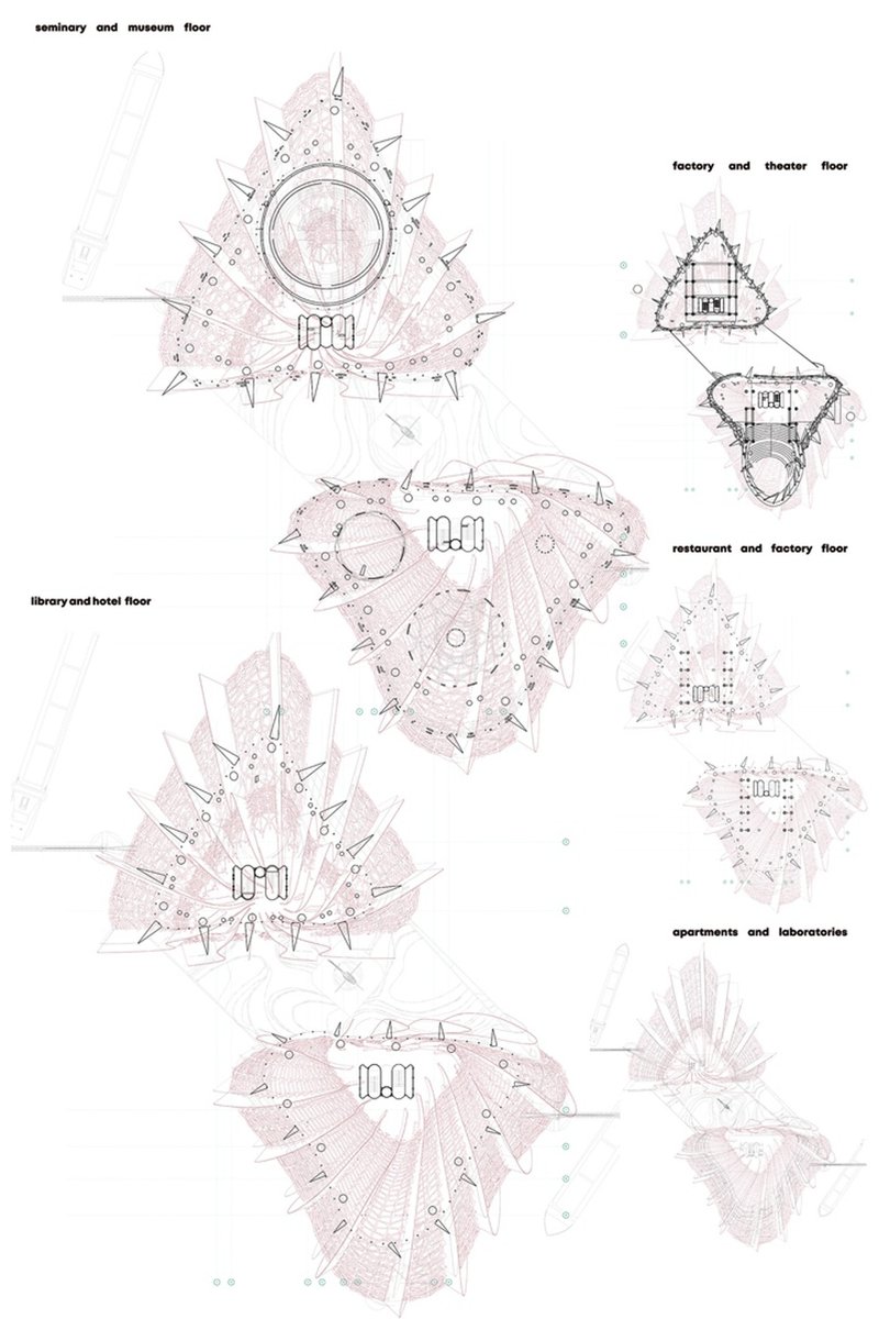 Organic floor geometries evolve across levels, responding to function, structure, and environmental forces within the tower.