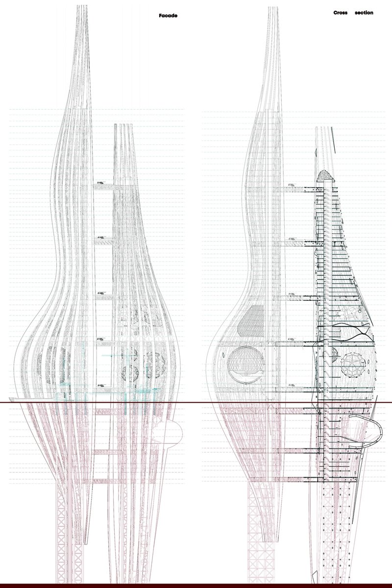 Structural logic and spatial organization are revealed through a detailed façade system and sectional breakdown of the tower.