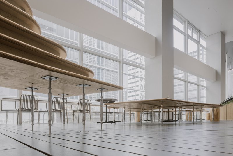 Light-filled upper level with cantilevered plywood shelves and tubular steel chairs facing gridded windows