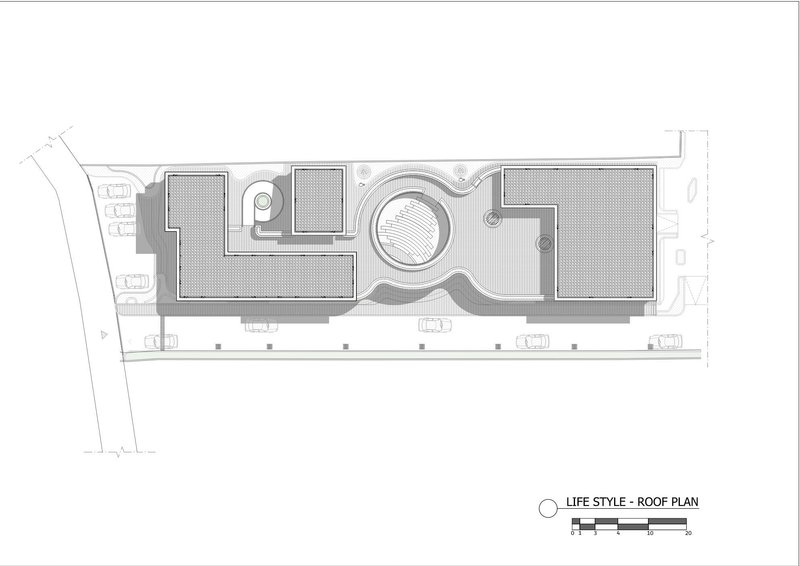 Roof plan drawing showing planted terraces and circular skylight opening