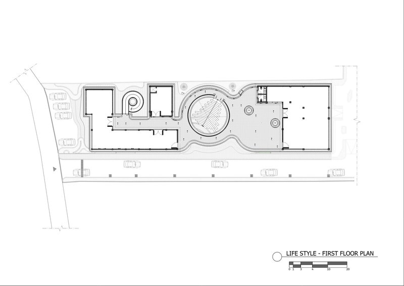 First floor plan drawing showing circular void and upper level rooms