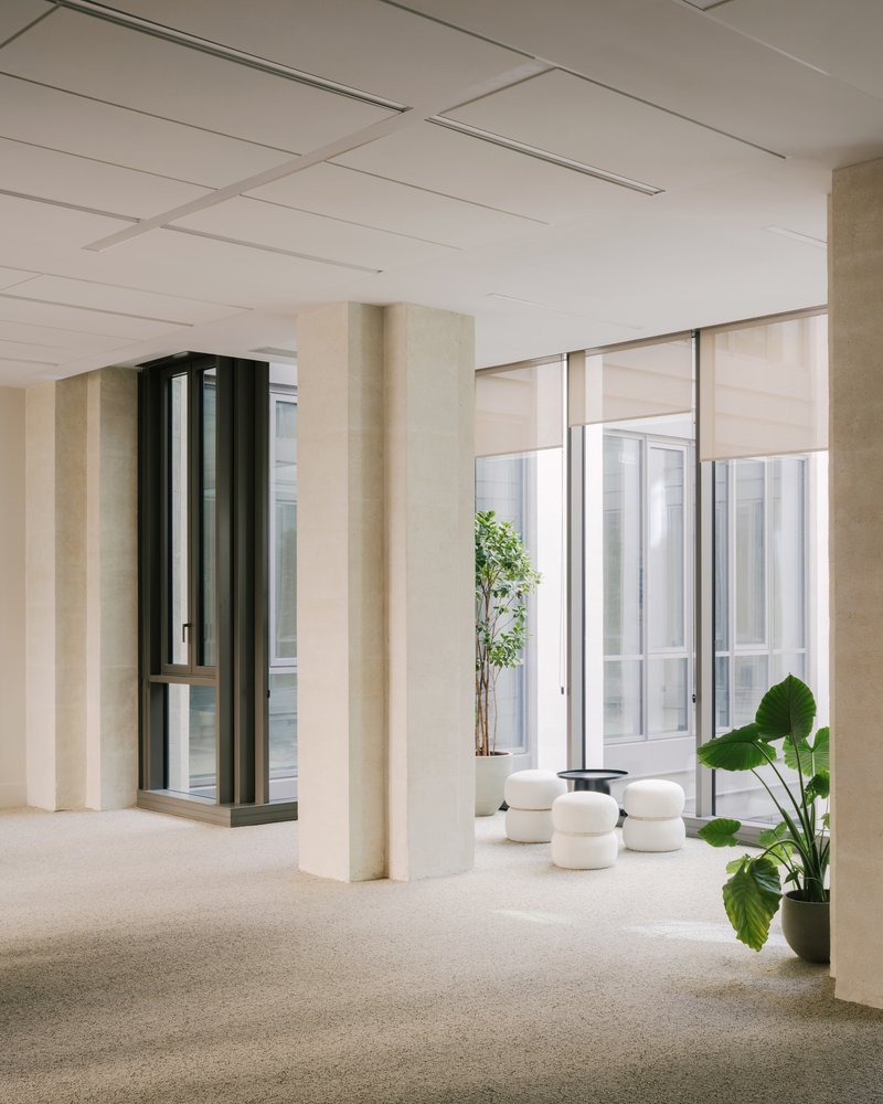 Interior with black glass elevator shaft, cream carpeting and potted plants beside roller-shaded courtyard windows