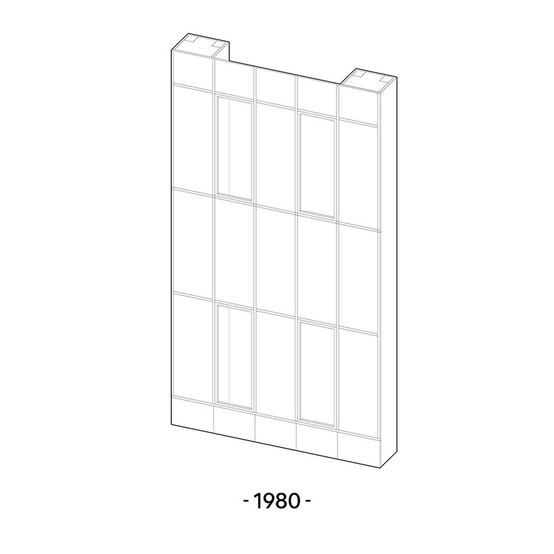 Axonometric drawing of a simplified curtain wall grid with vertical and horizontal mullions