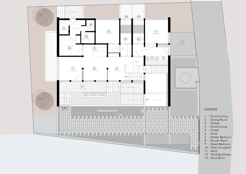 Floor plan drawing showing bedroom wing and open living areas around a central reflecting pool