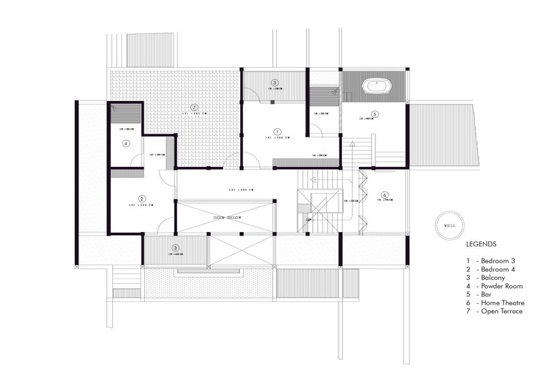 Floor plan drawing showing bedroom layout with central staircase, balconies, and open terrace