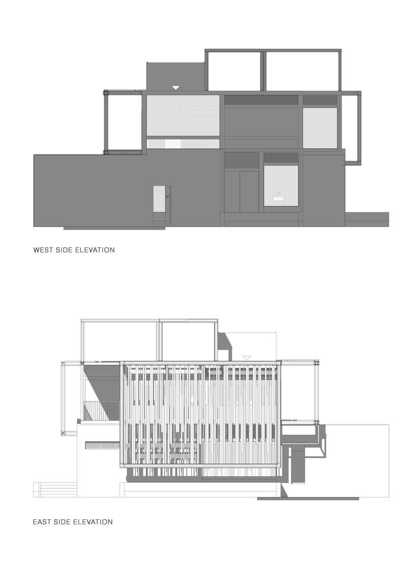 Elevation drawings showing west facade with stacked volumes and east facade with vertical screen elements