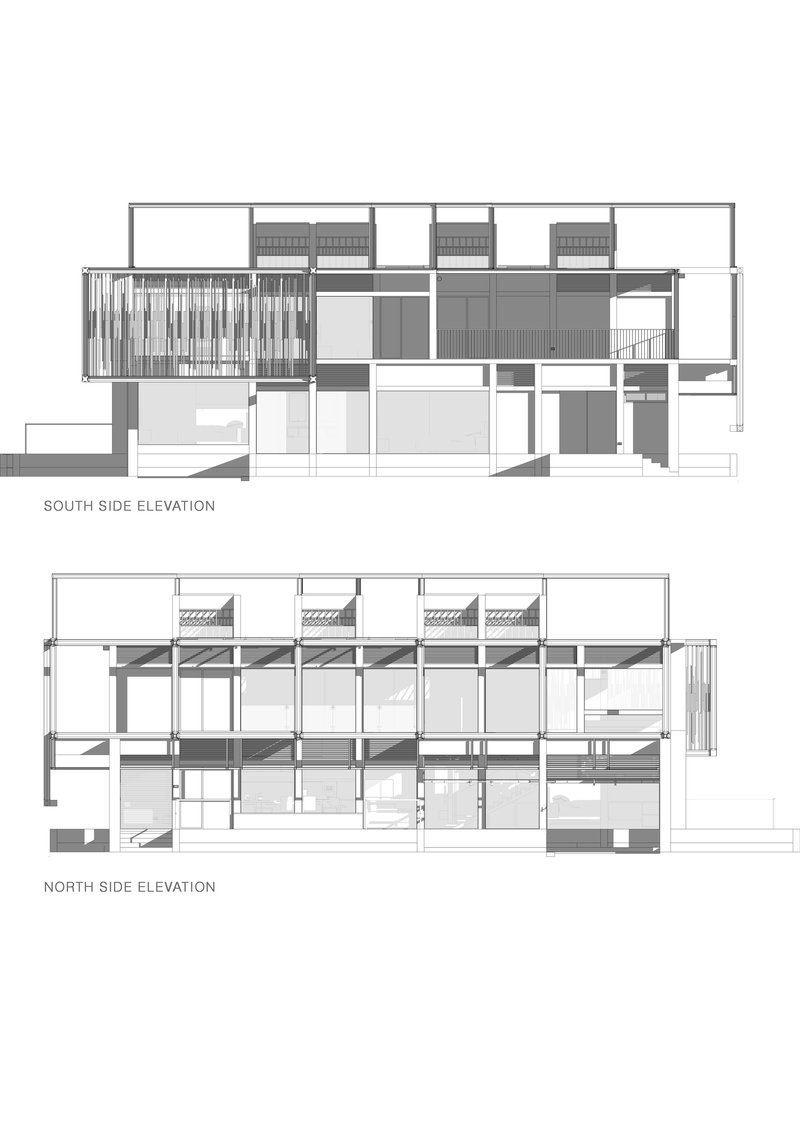 Elevation drawings showing south facade with vertical louvres and north facade with horizontal banding