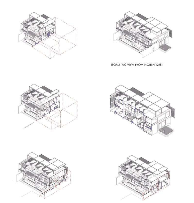 Isometric drawings showing the layered structure and circulation paths from multiple viewing angles