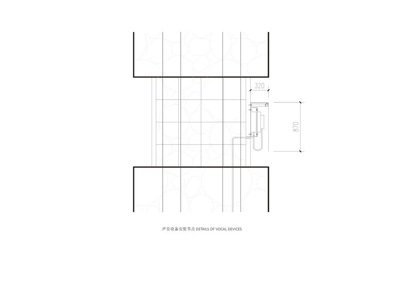 Technical detail drawing showing connection between vertical acoustic devices and wall assembly