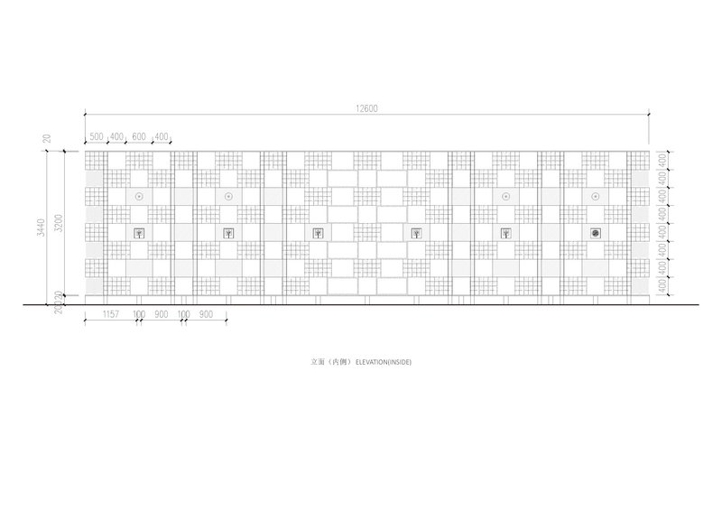 Elevation drawing depicting the patterned brick facade with regular openings and vertical elements