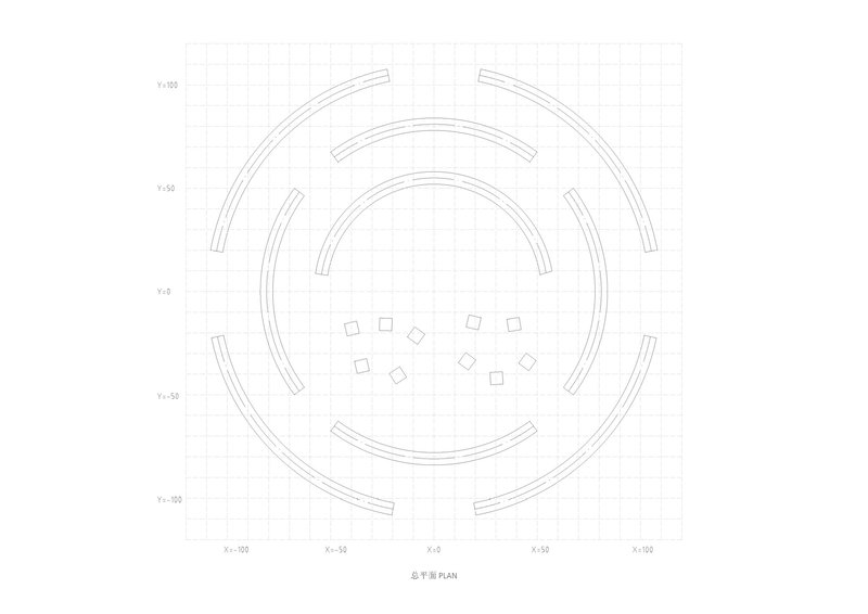 Plan drawing showing concentric circular walls with radiating segments and scattered elements in the center