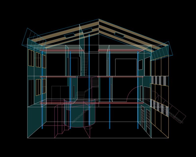 Sectional axonometric drawing revealing three levels with stairs and roof structure in wireframe