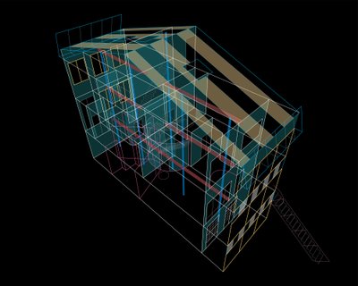 This architectural image presents a wireframe 3D model of a building, showcasing its structural elem