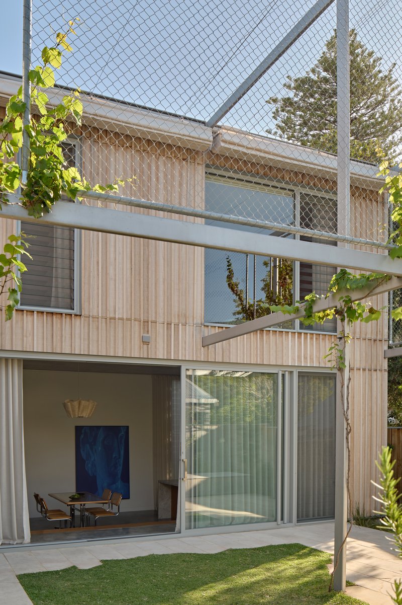Rear facade with vertical timber cladding and wire mesh enclosure above a lawn with young grapevines