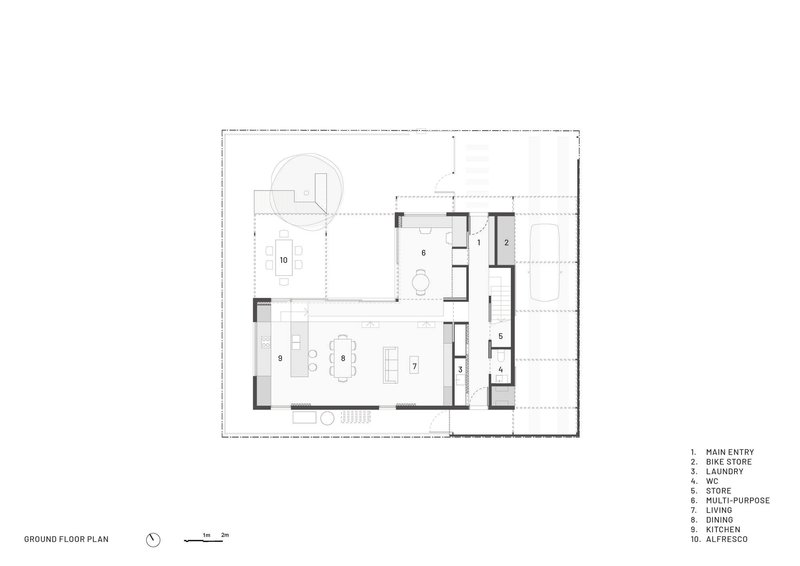 Ground floor plan drawing showing kitchen, living areas, bedrooms and alfresco space