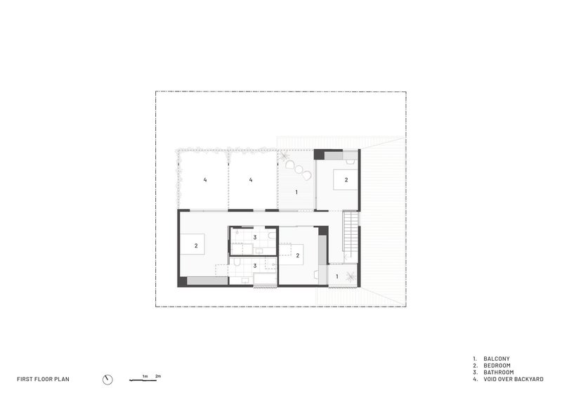 First floor plan drawing showing bedrooms, bathroom, balcony and void over backyard