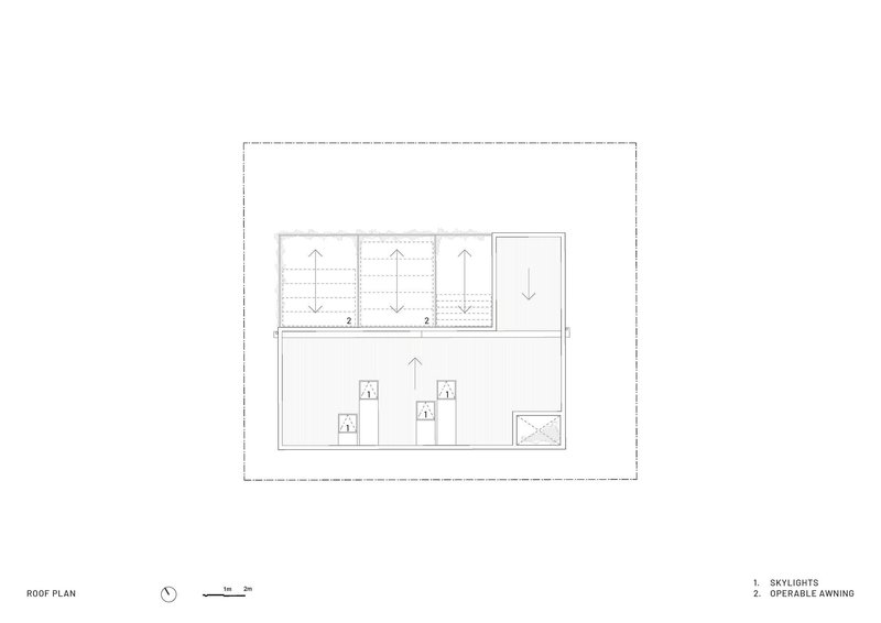 Roof plan drawing showing skylights and operable awning openings across two levels