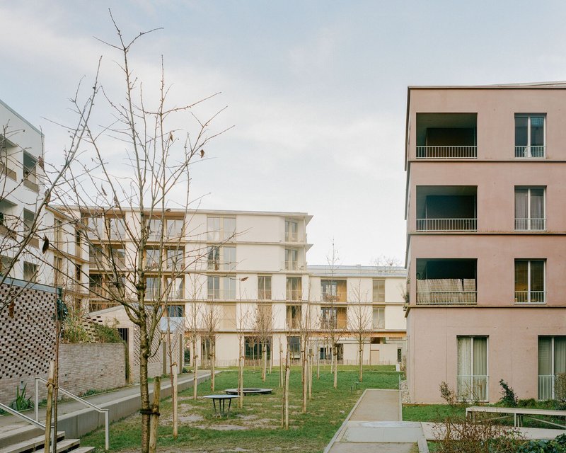 Courtyard view with pathways and bare winter trees between pale facade blocks