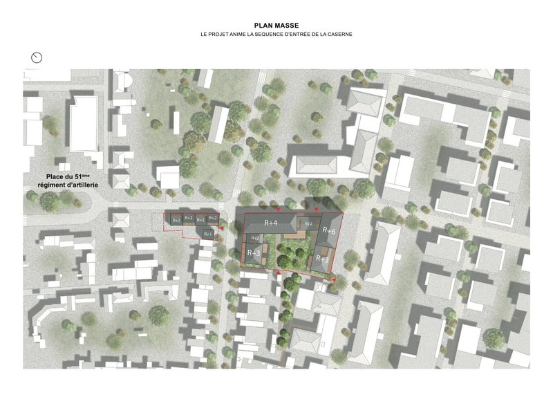 Site plan drawing showing residential blocks arranged around central courtyard with surrounding streets and trees