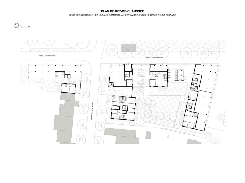 Ground floor plan drawing showing multiple residential buildings arranged around landscaped courtyards with circular tree plantings