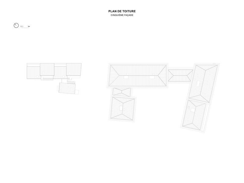Roof plan drawing illustrating pitched and flat roof geometries across multiple connected residential building volumes