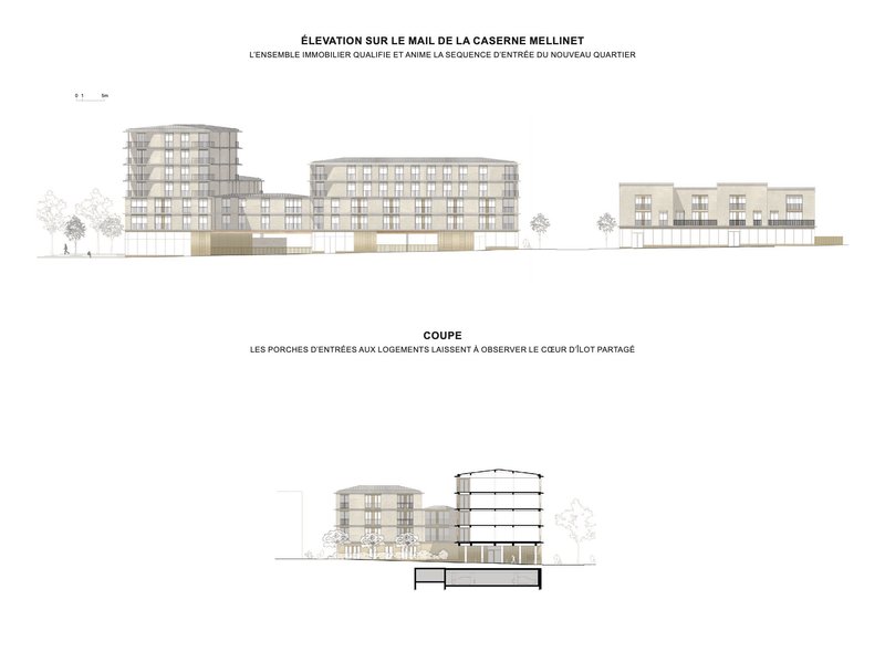 Elevation and section drawings showing multi-story residential buildings with recessed balconies and timber base elements flanking trees