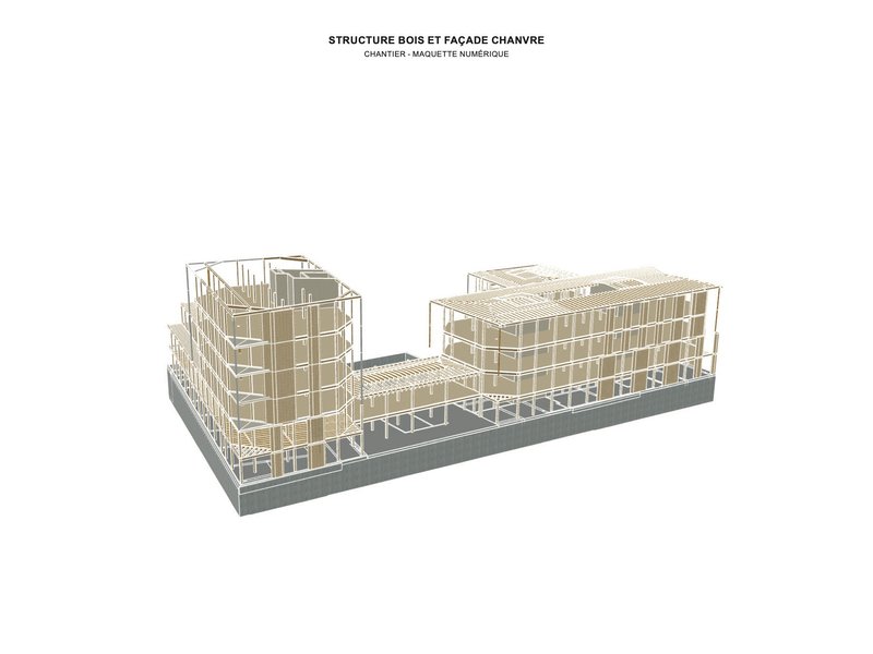 Axonometric drawing showing timber frame structure with curved and rectangular volumes on a shared base