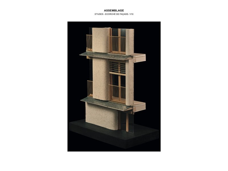 Physical model of facade assembly with cylindrical column, projecting balconies and vertical timber slats