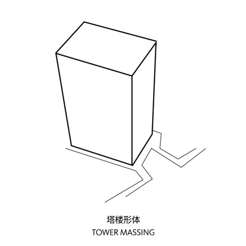 Axonometric drawing illustrating a tower volume rising from an angular ground plane