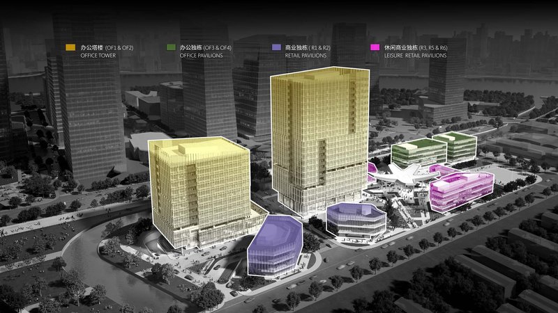 Aerial rendering of a mixed-use development with color-coded volumes including towers and retail pavilions