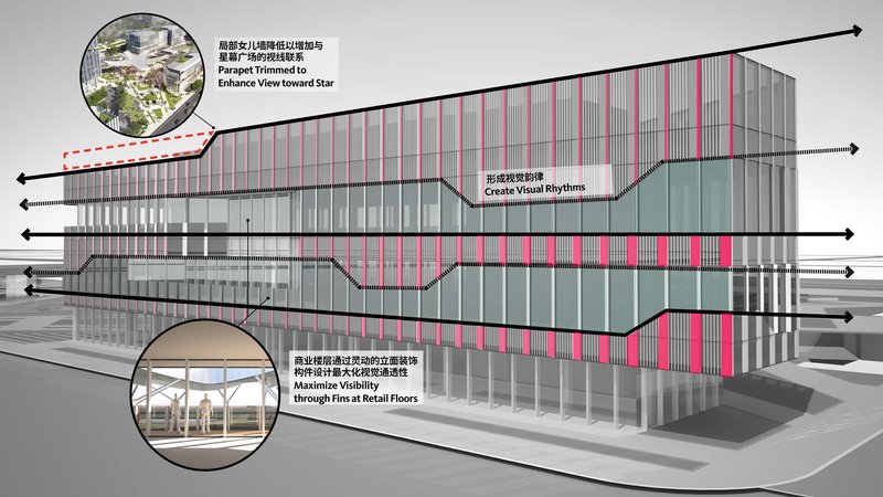 Elevation drawing with detail callouts showing vertical louvers and floor-to-ceiling transparency