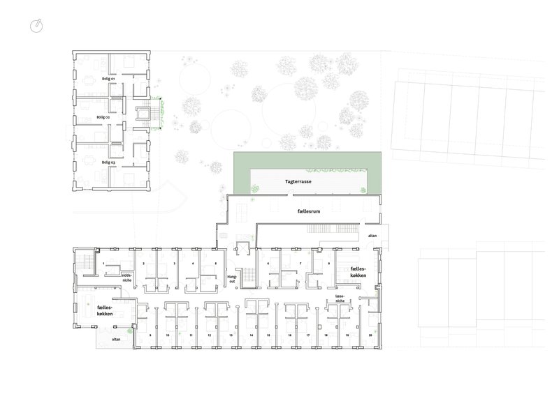 Floor plan drawing showing classroom units with adjacent courtyards and tree planting indicated
