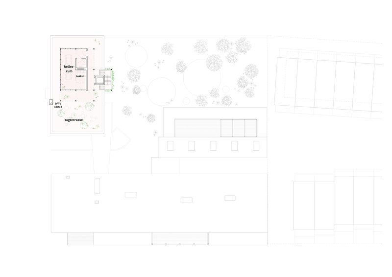 Floor plan drawing showing building footprints with a terrace and tree symbols in open space