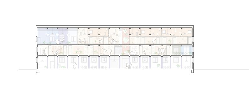 Long section drawing showing a multi-story residential building with repeated window bays and floor plates
