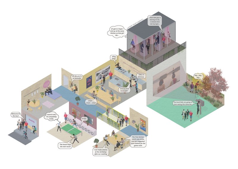 Axonometric drawing depicting multiple interconnected interior spaces with figures and dialogue bubbles