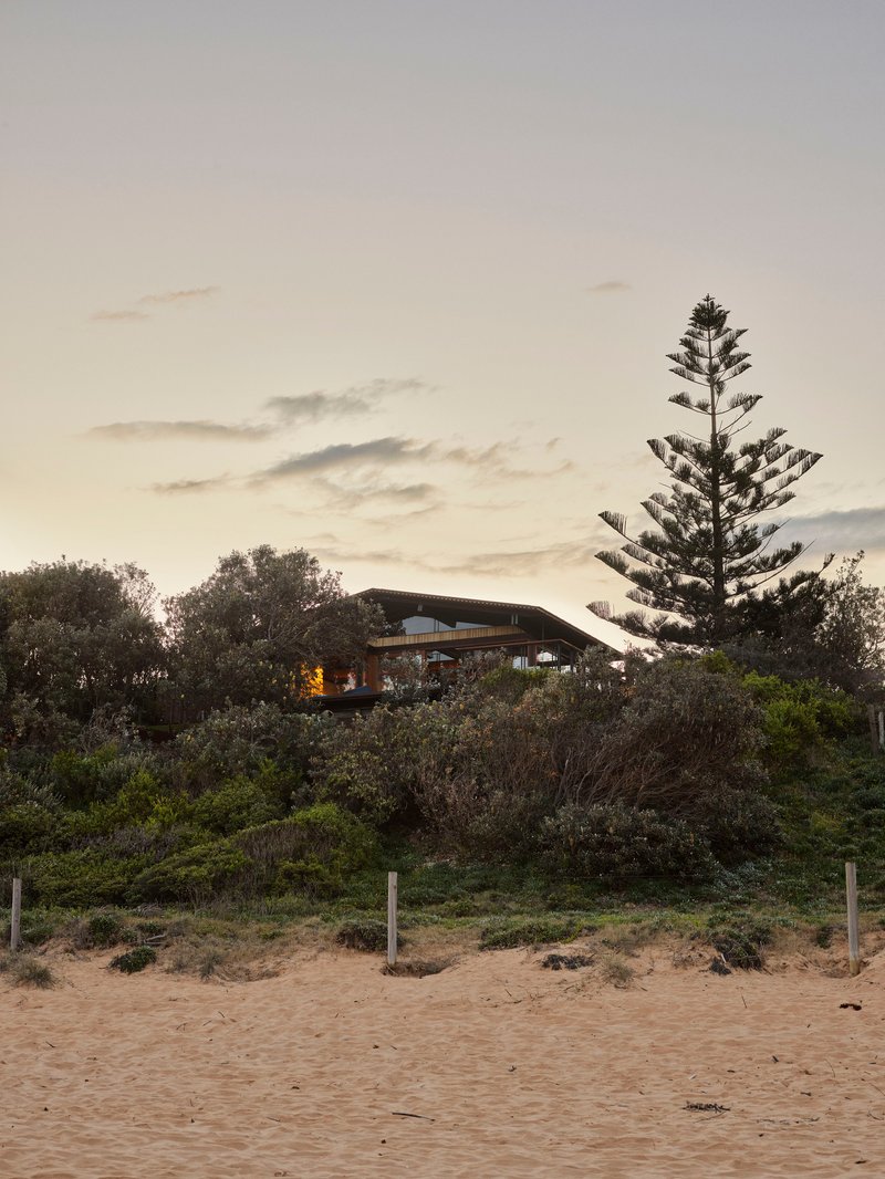 View from the beach showing the curved roof structure nestled among coastal vegetation at dusk