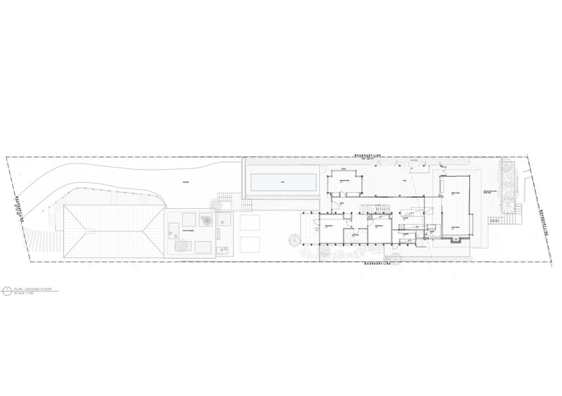 Ground floor plan drawing showing the residence with pool and curved-roof volume on a narrow site