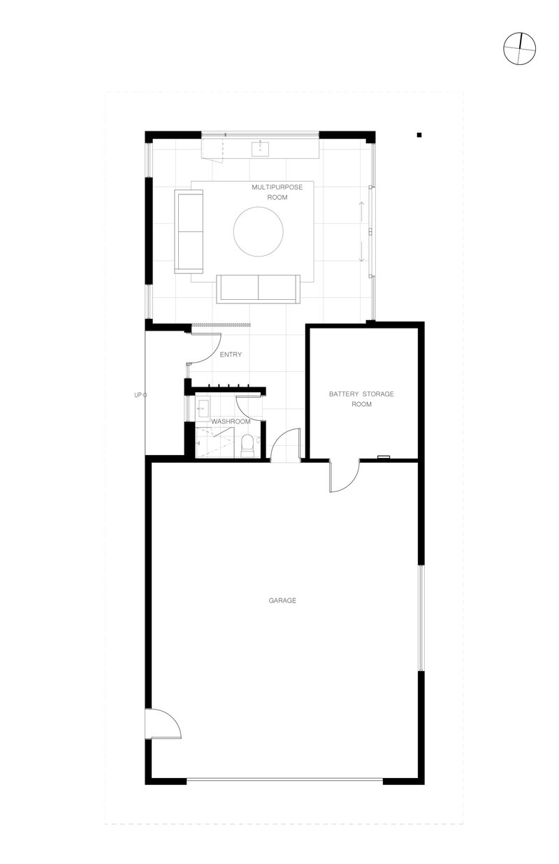 Floor plan drawing showing a multipurpose room, entry, bathroom, battery storage room, and garage