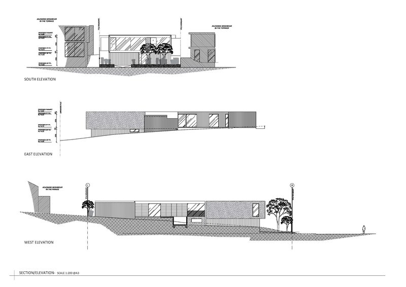South, east, and west elevation drawings showing sloped site, varied facade materials, and adjacent trees