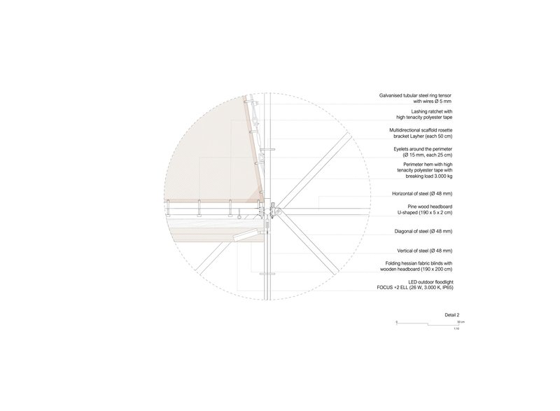 Circular detail drawing showing perimeter steel members radiating from a central joint with annotated construction layers