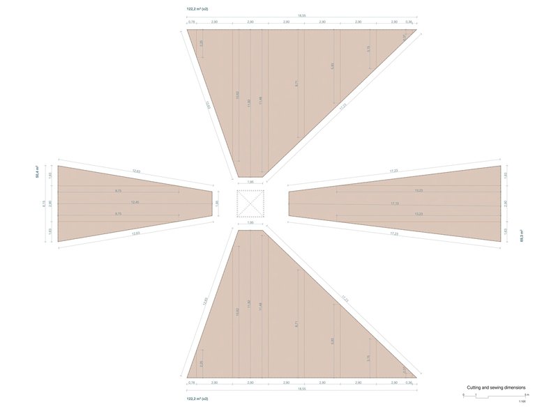 Ceiling plan drawing showing four triangular panels radiating from a square central opening with dimension annotations