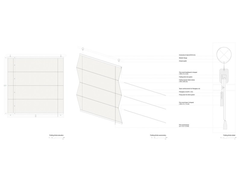 Technical drawings showing elevation, axonometric, and detail of a folding façade panel system