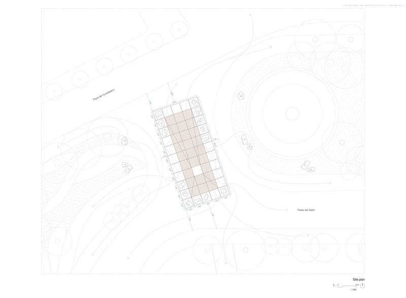 Site plan drawing showing a rectangular pavilion structure positioned between curved landscape features and circular paths