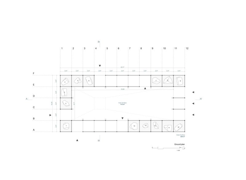 Ground floor plan drawing showing a gridded rectangular layout with perimeter circulation and corner service spaces