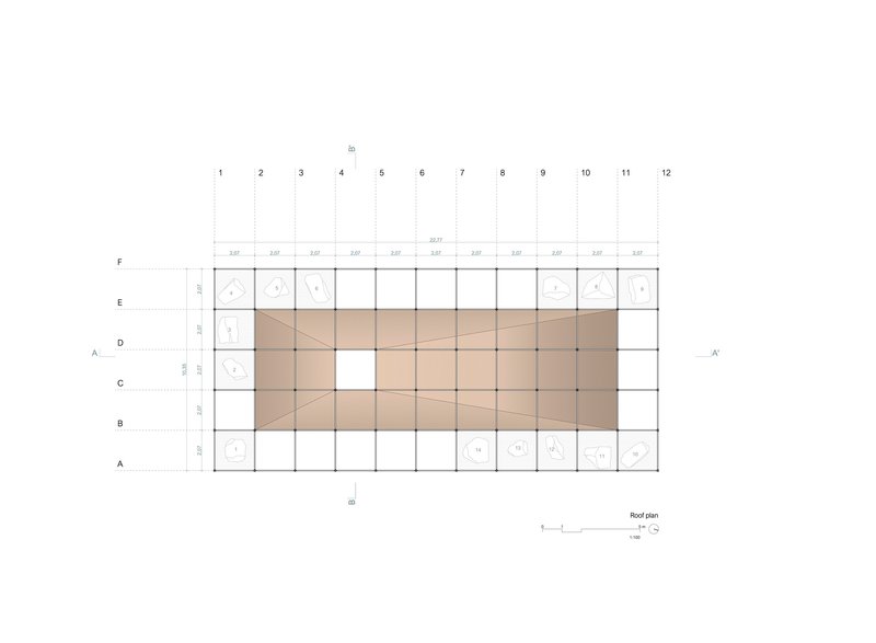 Roof plan drawing displaying a sloped triangular surface within the rectangular gridded structural frame