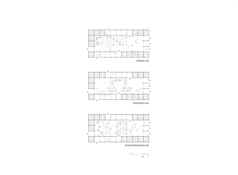 Floor plan drawings illustrating three programmatic configurations with furniture layouts for concert, conference and dance performance uses