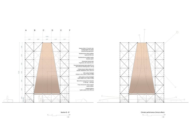 Section drawing showing a tapered volume within a scaffolded structure with material specifications